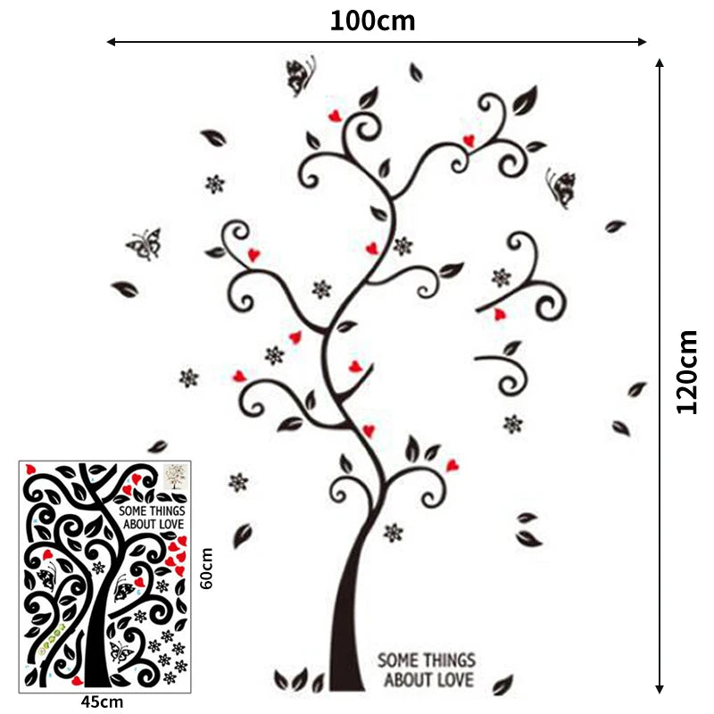 sticker mural arbre noir feuilles coeurs papillons cadres photo décoration maison salon chambre coucher