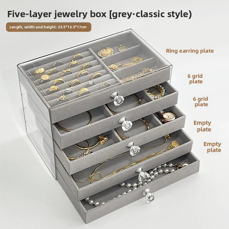 boîte bijoux velours beige clair poignées moderne rangement colliers bagues montres boucles d'oreilles