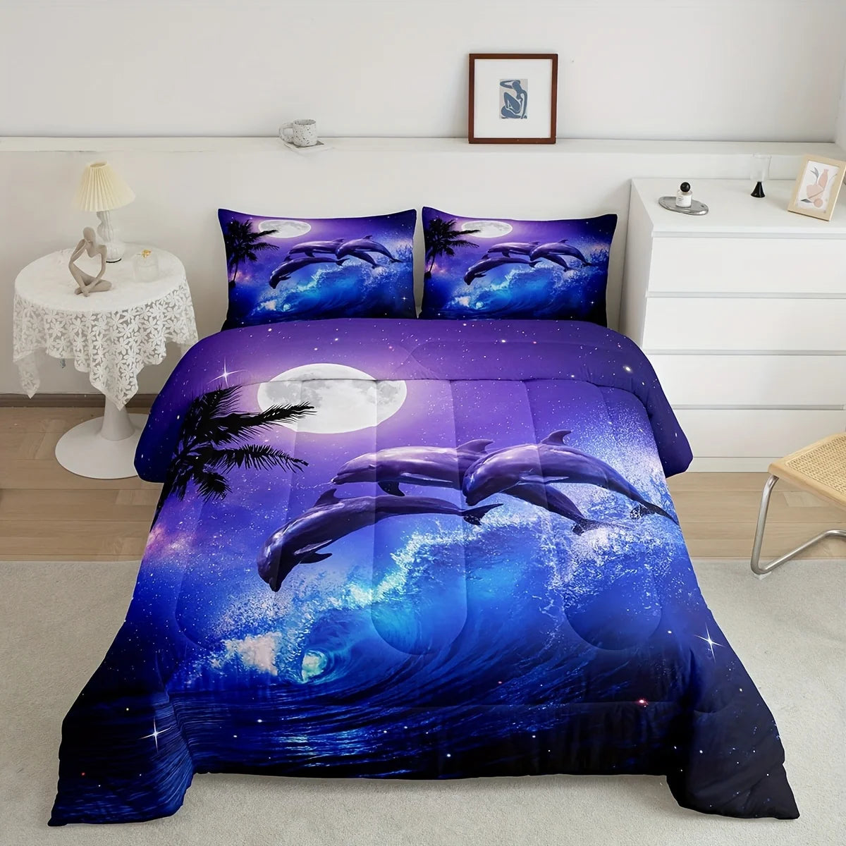 ensemble literie thème marin dauphins violet bleu blanc moderne impression 3d polyester brossé