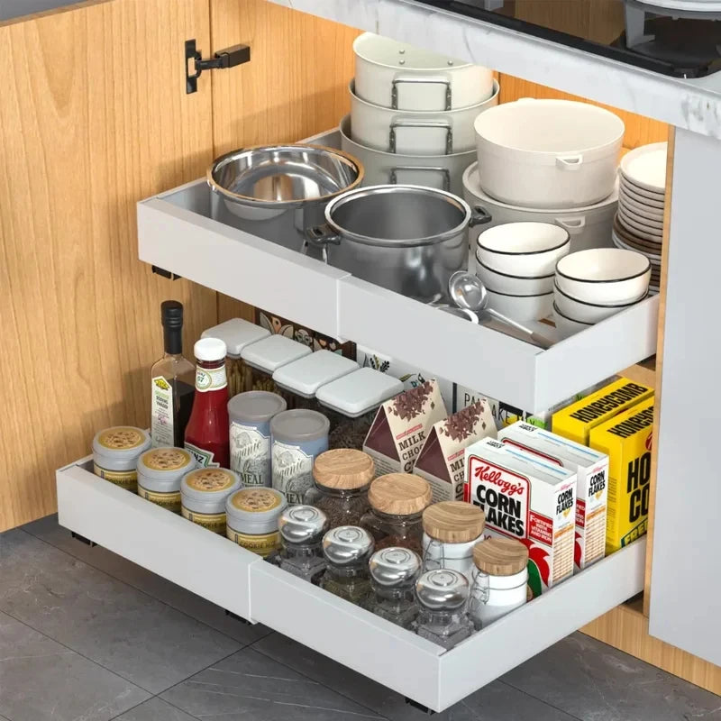 rangement vaisselle moderne tiroir blanc coulissant assiettes contenants verre céréaliers sauces