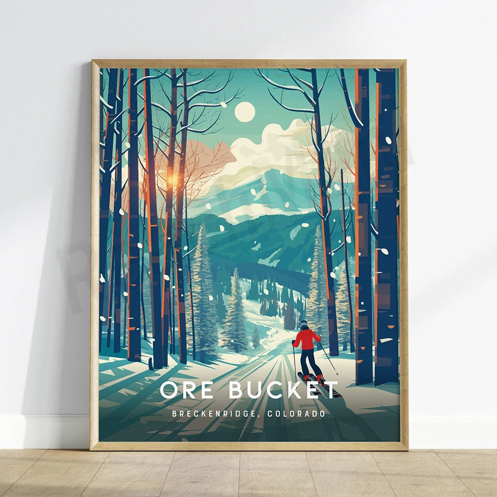 Une illustration captivante d'un skieur dans un paysage enneigé, sous un ciel étoilé, avec le texte "Ore Bucket, Breckenridge, Colorado" en bas.