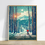Une illustration captivante d'un skieur dans un paysage enneigé, sous un ciel étoilé, avec le texte "Ore Bucket, Breckenridge, Colorado" en bas.