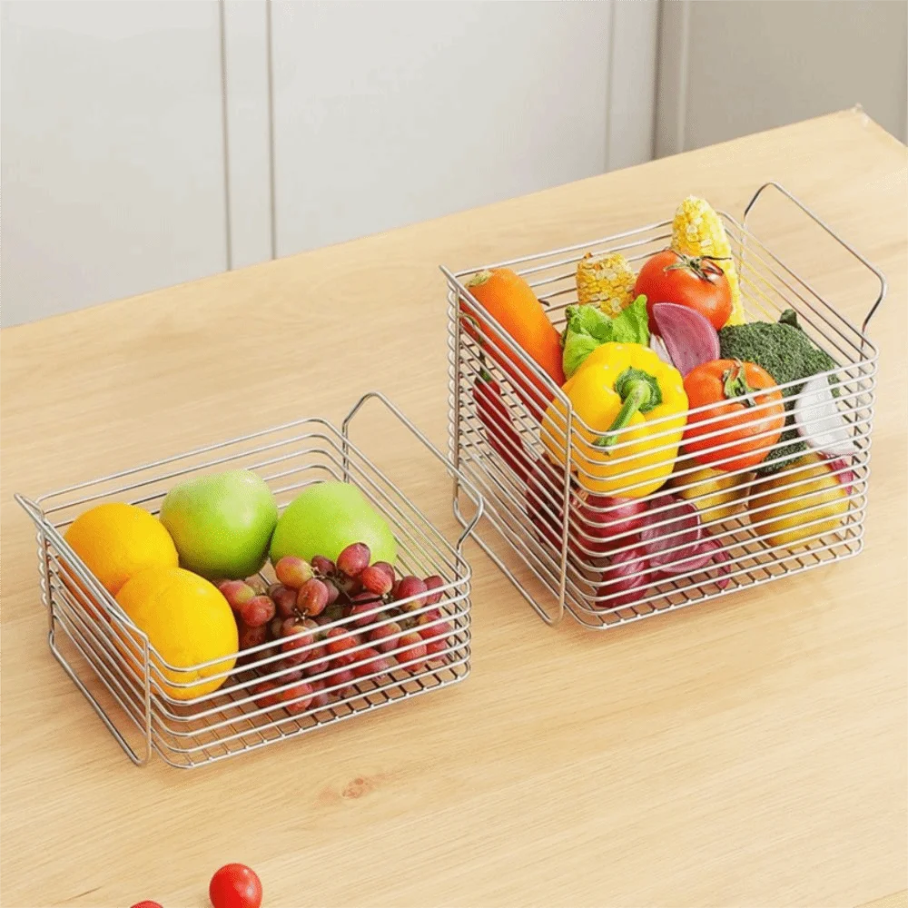 panier rangement métal argenté maille moderne opacité fruits légumes réutilisable durable minimaliste