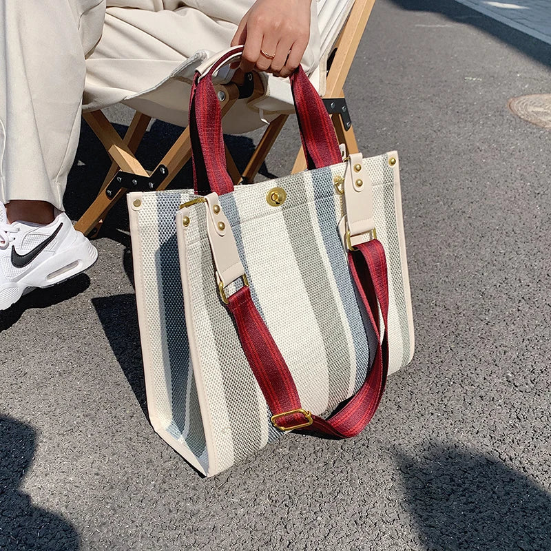 sac main femme toile polyvalent rayé poches intérieures appliques décontracté moderne casual