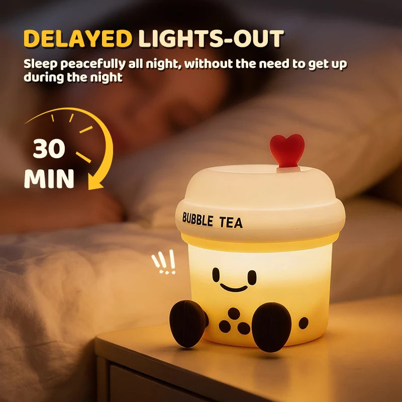 veilleuse nuit tasse sourire coeurs bulles bubble tea cartoon mignonne lampe table tactile