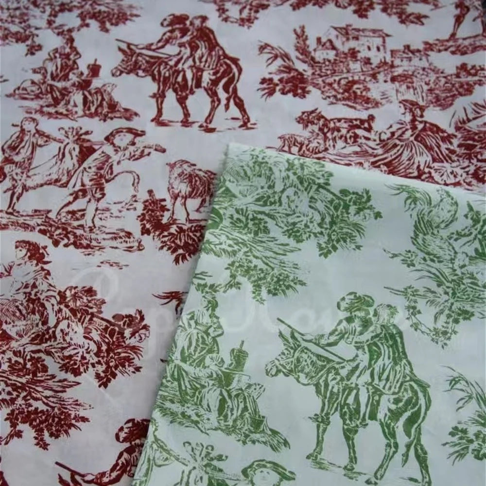 tissu coton imprimé jouy rouge vert personnages animaux rustique 150cm bricolage décoration maison