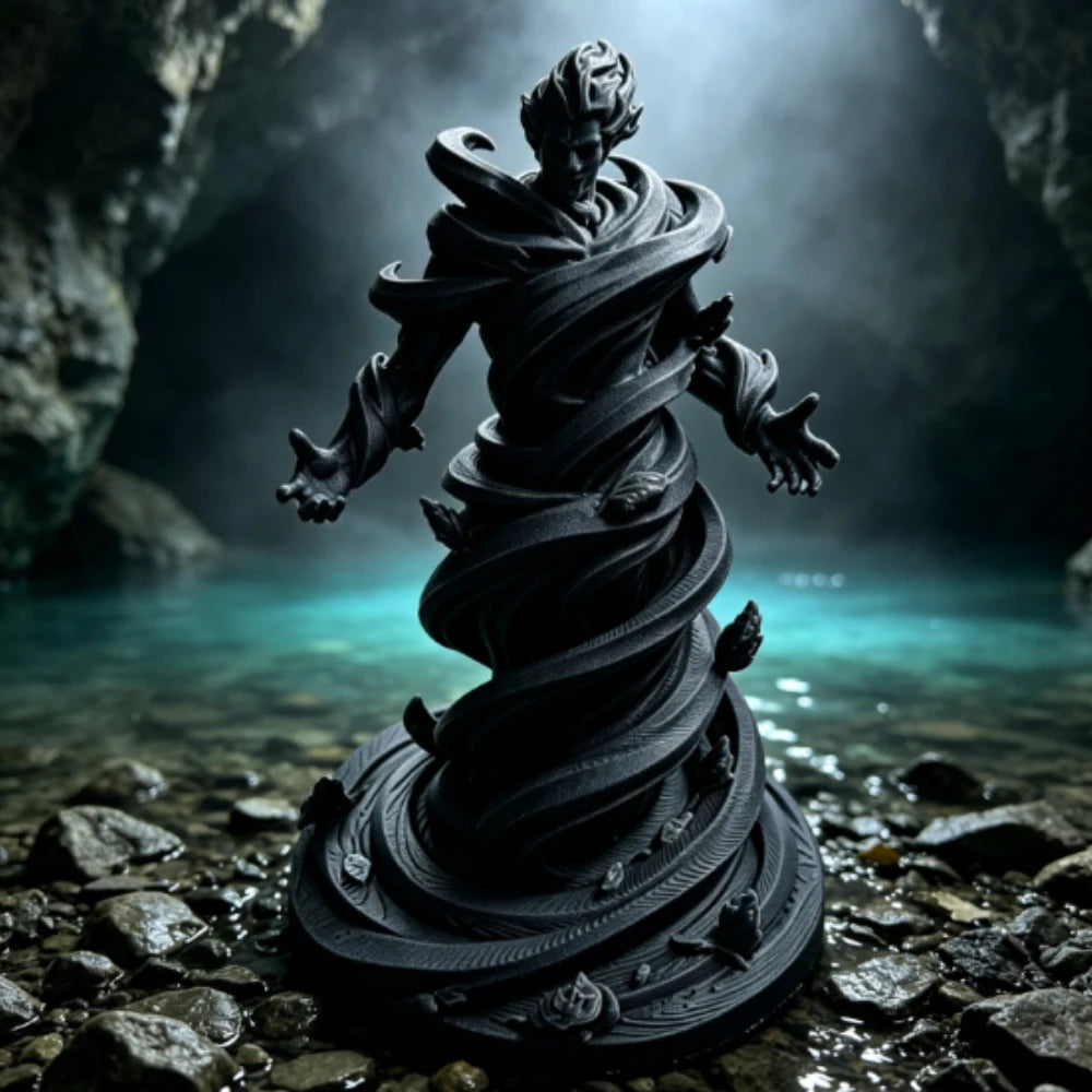 statue spirale vent fantôme noir blanc argenté artisanal main sculpté détails floraux base fantaisie