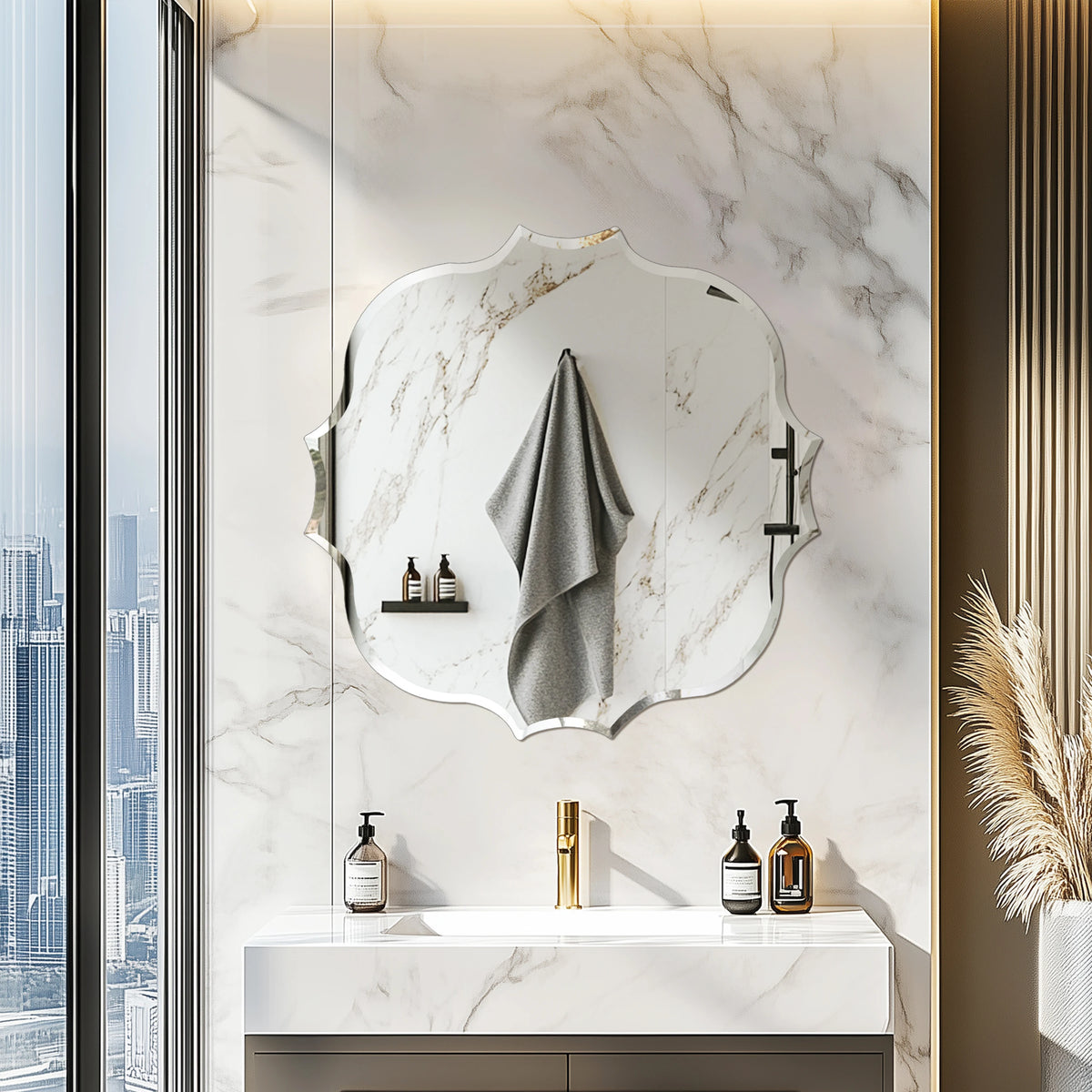 miroir moderne argenté bord dentelé sans cadre portable 80cm 80cm autonome