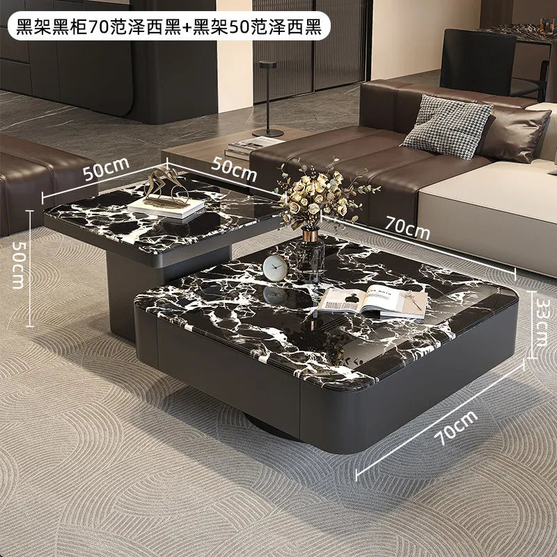 table basse carrée salon minimaliste marbre noir blanc tiroir métal solide