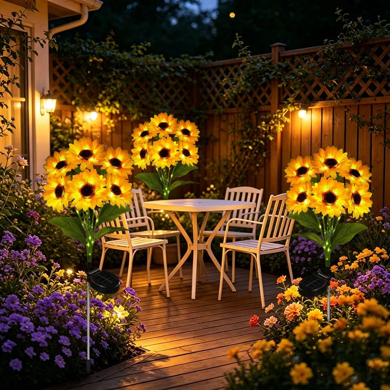 décoration extérieure moderne bouquet fleurs tournesol jaune led solaires jardin feuilles vertes