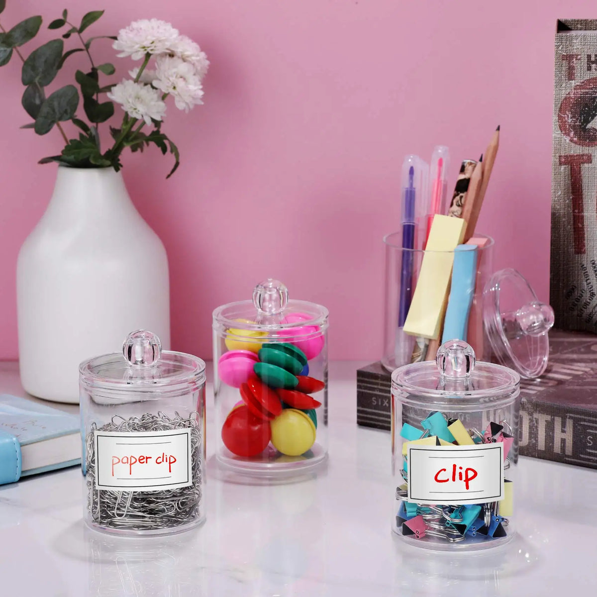 boîtes rangement transparentes acrylique moderne coton tige floss pinceaux maquillage agrafeurs papier clips