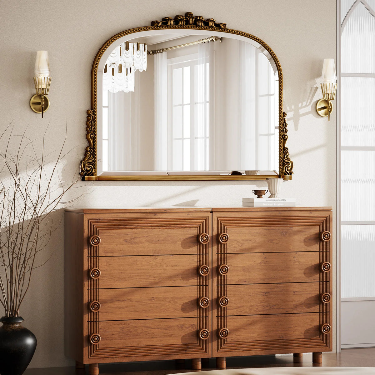 miroir salle bain bois naturel vintage classique motifs dorés vis fixations chambre