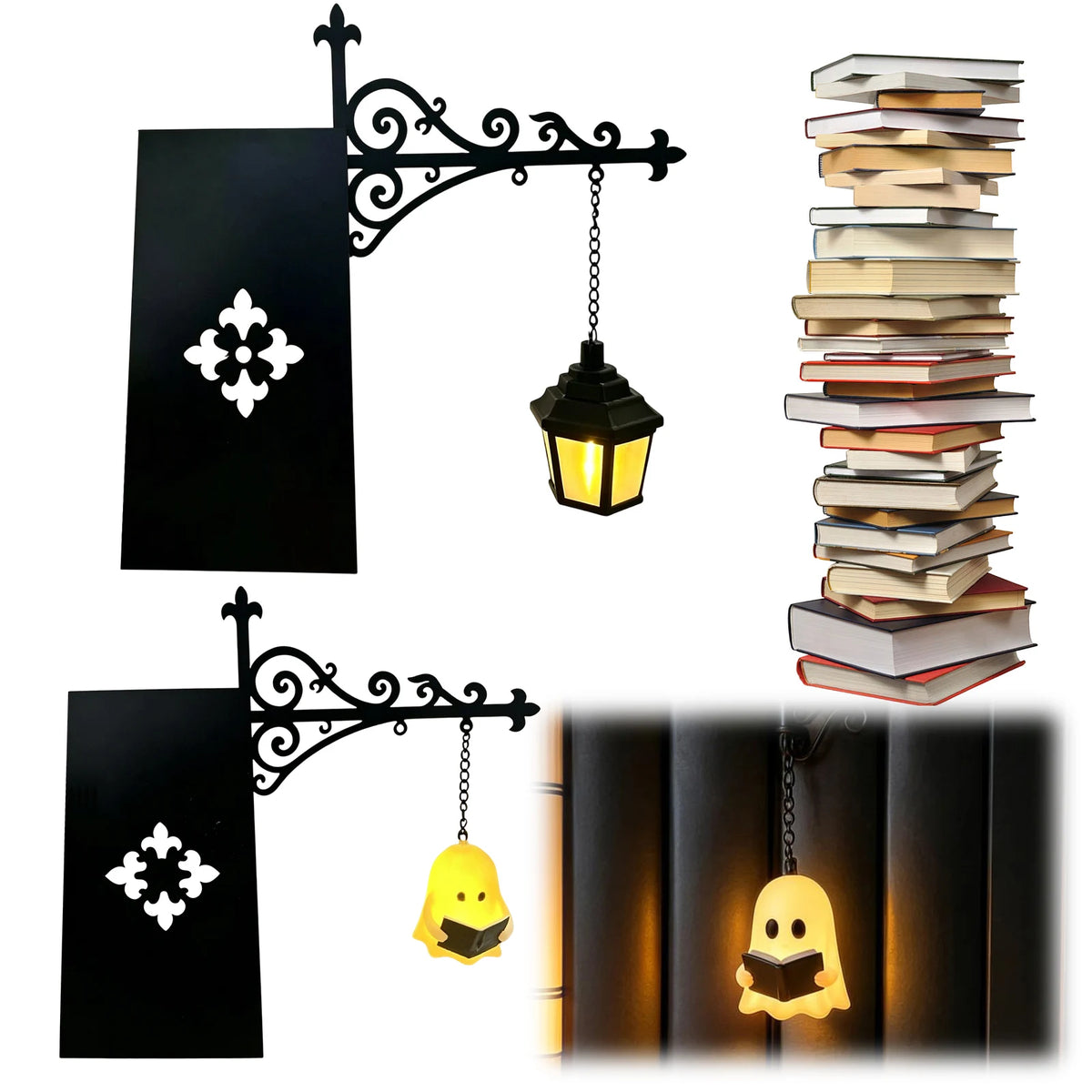 lanterne suspendue support métal forgé décoration murale motif floral panneau rectangulaire piles livres littéraire