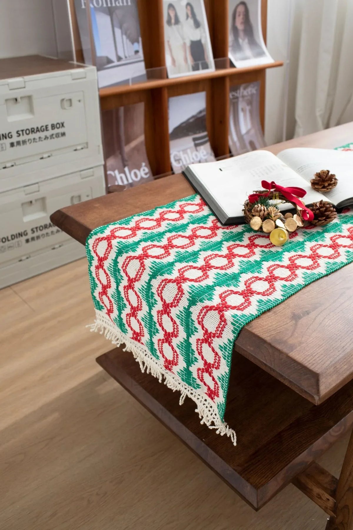 chemin table moderne motif géométrique vert rouge blanc polyester coton décoration table maison