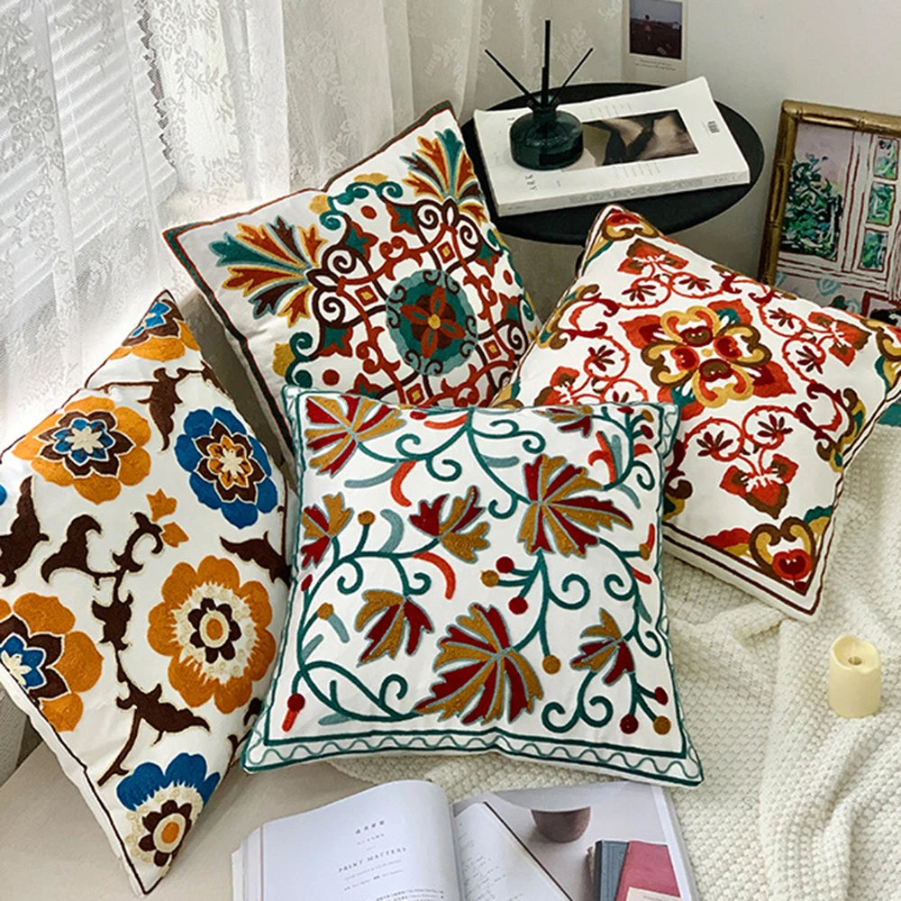 taies d'oreiller coton polyester ethnique floral brodées couleurs vives motifs géométriques coussins deco 45x45cm