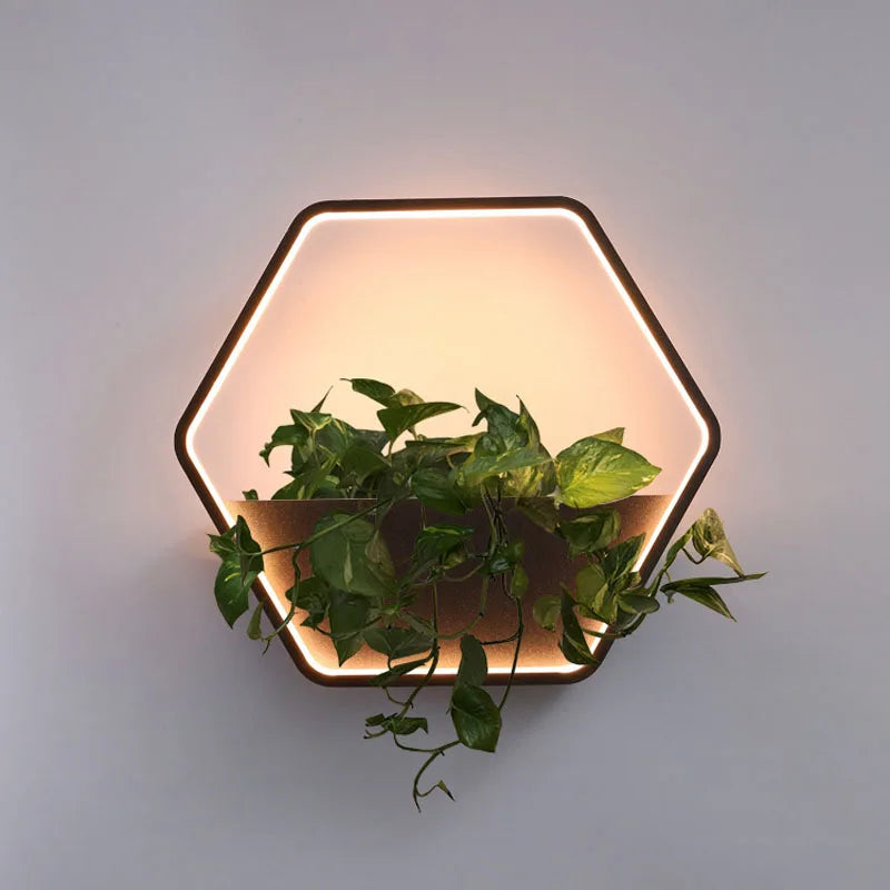 lampe murale moderne hexagonnelle pot intégré lumière chaude marron texture métallique fixée mur