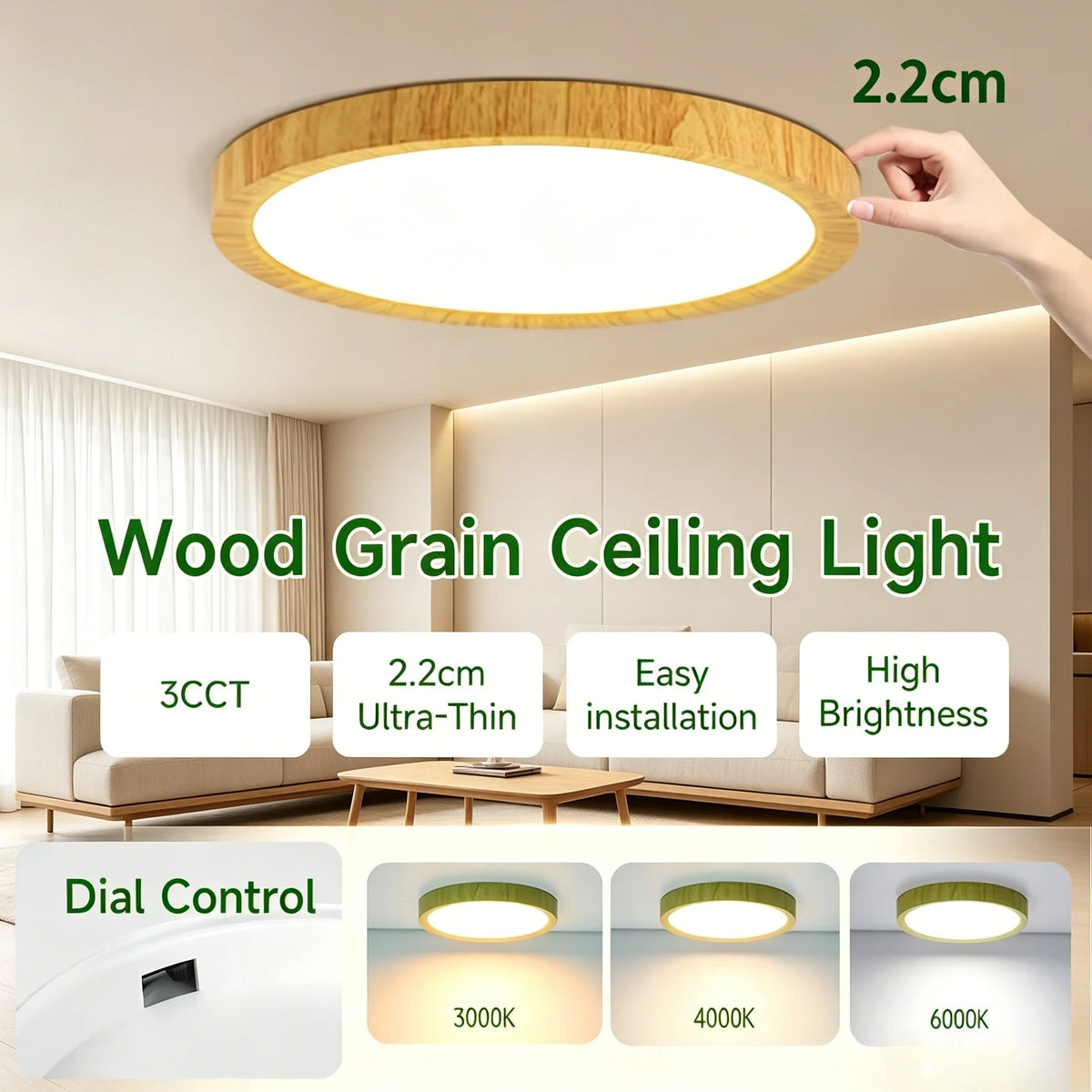 lampe moderne bois naturel grain blanc commande tactile 220V LED