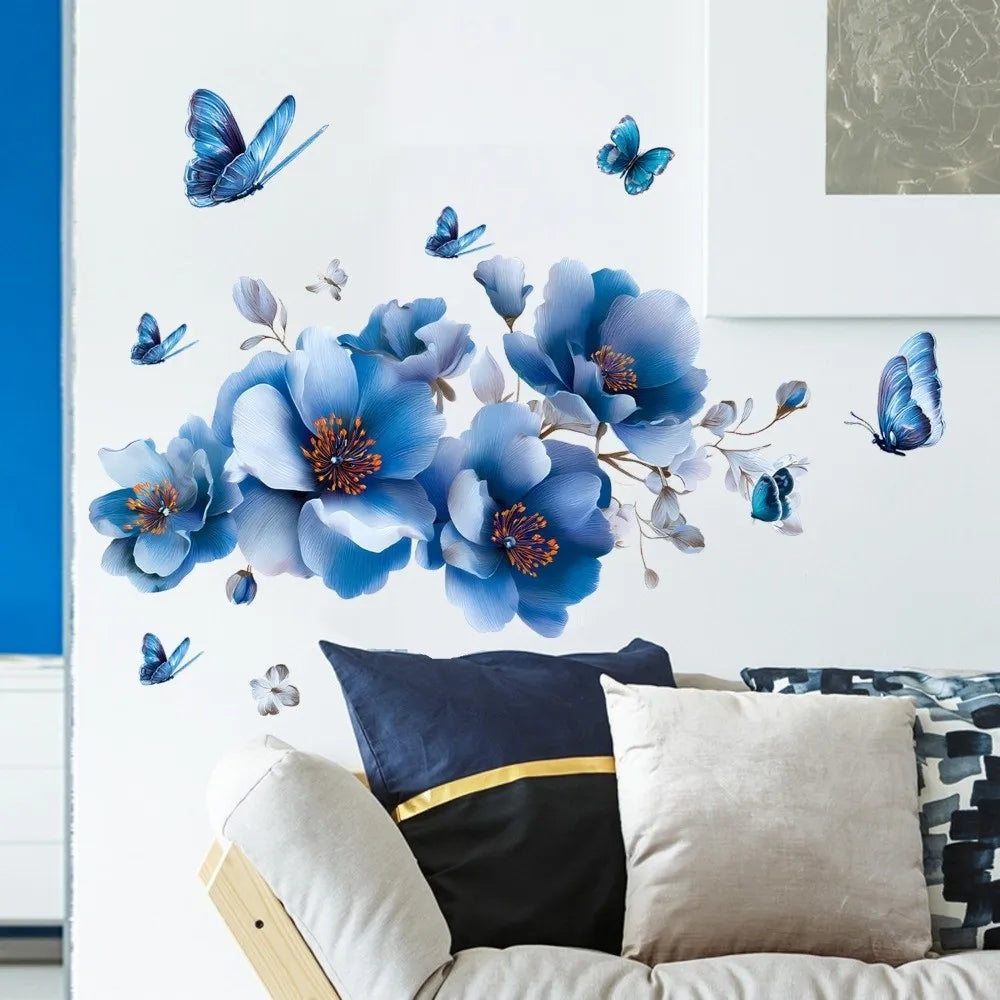 stickers muraux fleurs papillons art floral adhésifs decoration murale maison bleu blanc vert rose