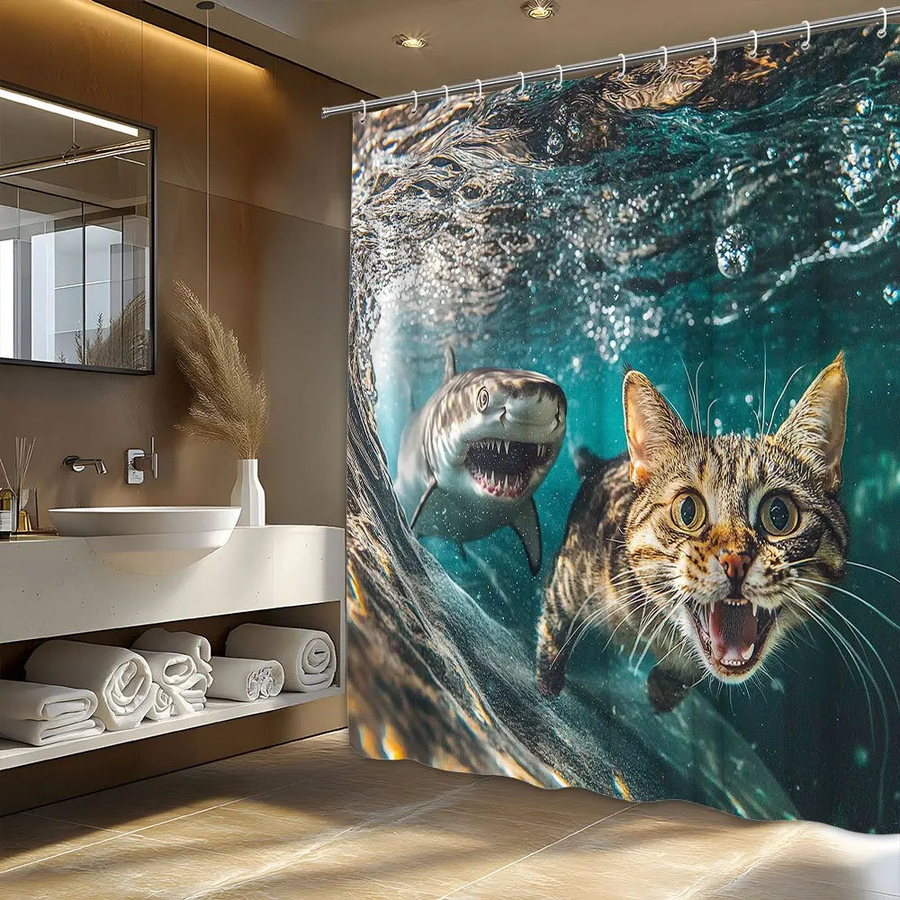 rideau douche moderne humoristique motif requin chat vague polyester opaque ensembles tailles variées