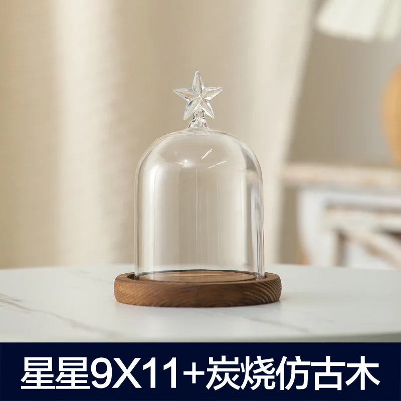 cloche verre transparent base bois bougie parfumée pinçon décoratives