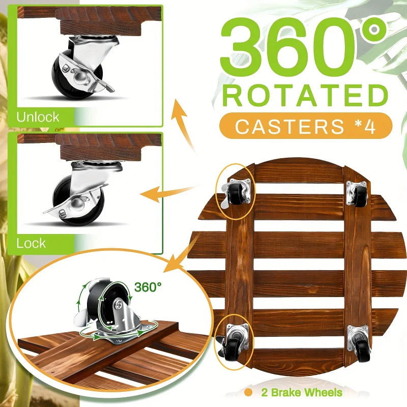 plateforme mobile plante roues verrouillables bois rustique 35cm diamètre 30cm 25cm
