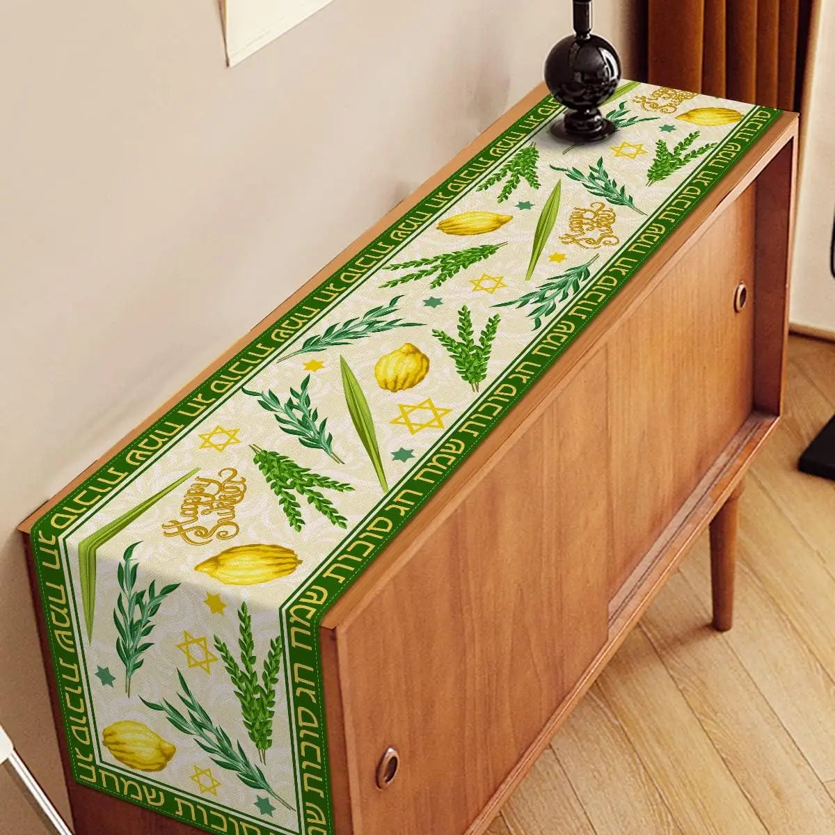 tableau chemin table lin motif citron feuille étoile hébreu graphique traditionnel vert foncé jaune