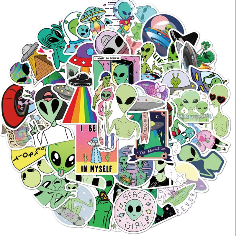 sticker alien ufo illustration cartoon adhésif multicolore vert blanc noir rose bleu rouge jaune
