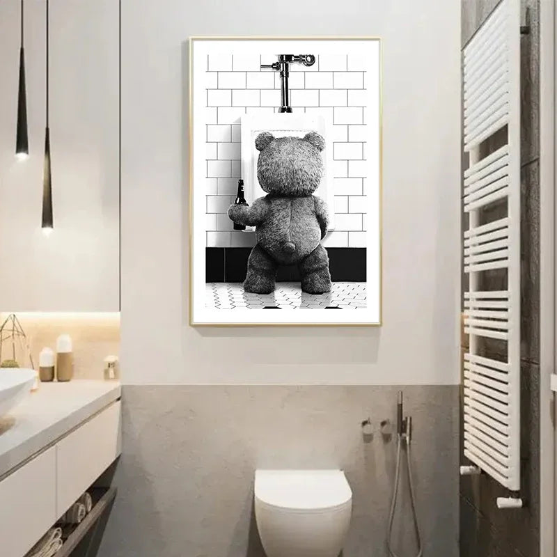 affiche décoration salle bains ours mignon noir blanc impression toile sans cadre dimension 20x30cm