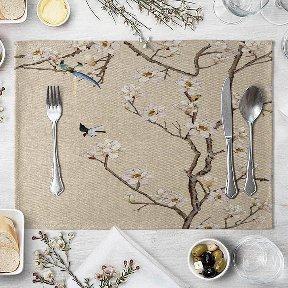 set table lin motif floral oiseaux vert beige blanc rose marron decoratif asiatique table