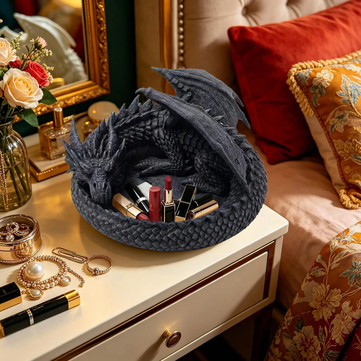 plateau rangement dragon écailleux noir blanc réutilisable support bijoux accessoires fantaisie decoratif