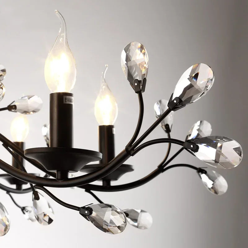 chandelier noir moderne cristaux transparents ampoules blanc chaud suspension élégante branches floralesstylisées