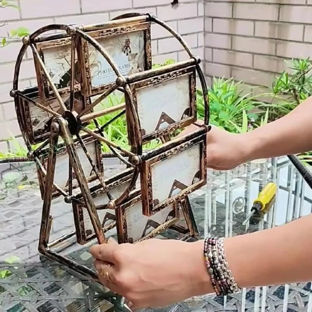 Cadre photo grande roue bronze floral vintage 12 photos rotatif transparent distressé