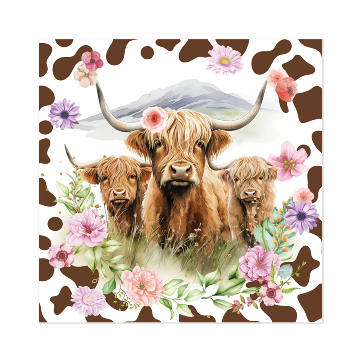 serviettes papier motif vache marron blanc rose violet vert anniversaire rustic floral