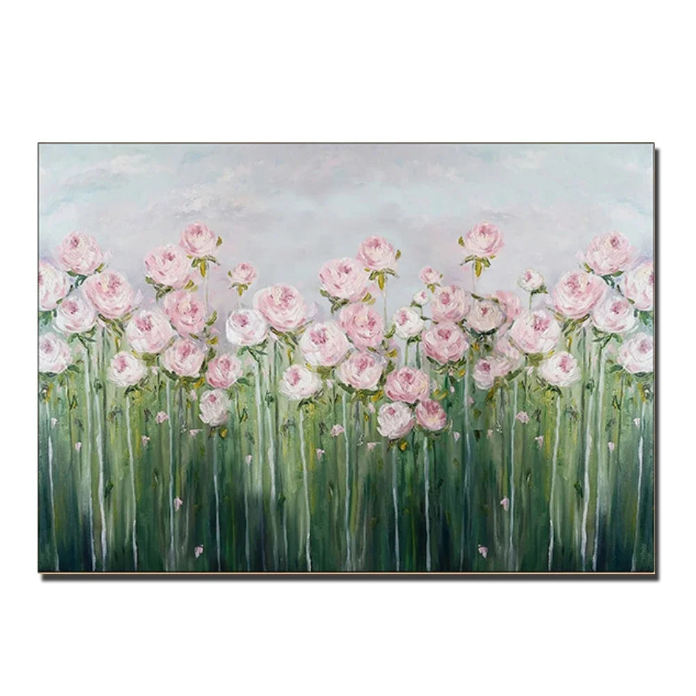 tableau abstrait fleurs peinture acrylique toile horizontale rose clair vert gris
