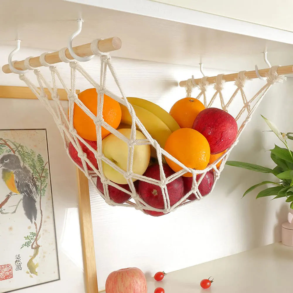 corbeille fruits tissage coton blanc rustique bohème crochet suspension cuisine organisation écologique