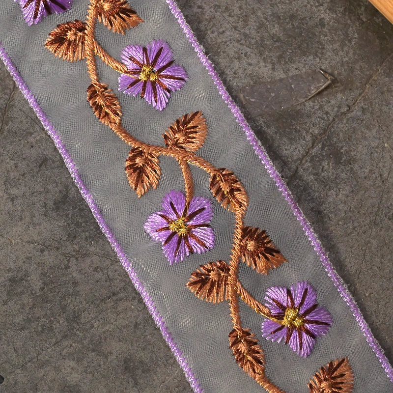 ruban brodé fleurs polyester 4.5cm large translucide violet rose bleu decoratif couture festif ecologique
