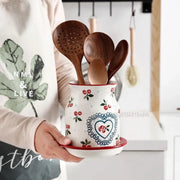 Boîte de rangement pour couverts en céramique gris clair - Organisateur d'ustensiles de cuisine élégant