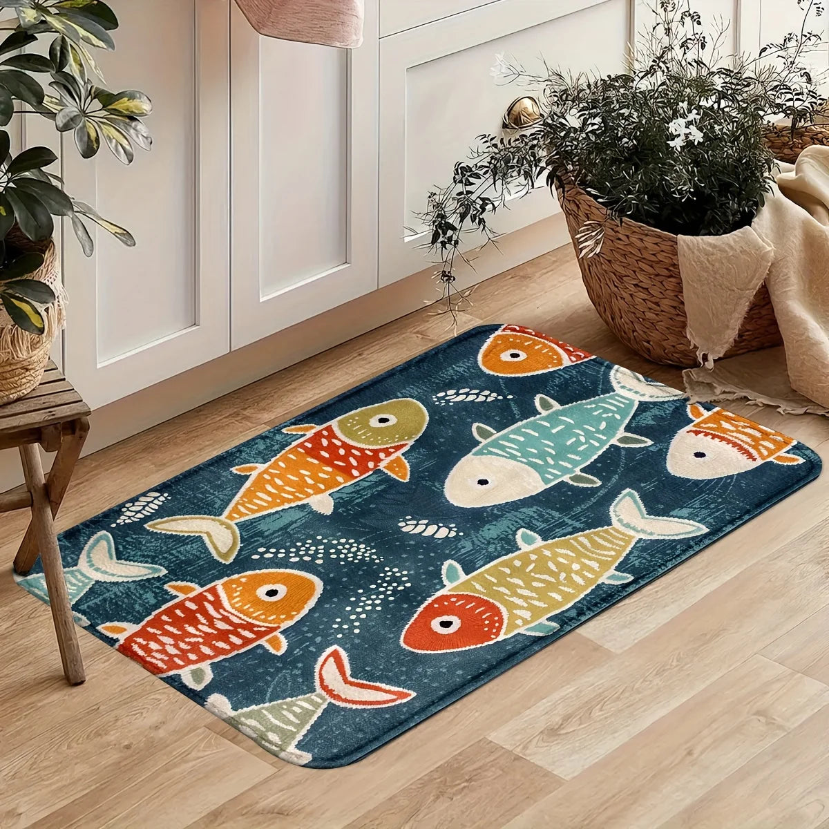 tapis poissons colorés moderne imperméable fond antidérapant polyester velours intérieur extérieur bleu foncé orange