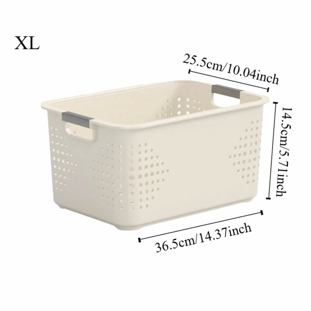 paniers rangement plastique perforé moderne poignées beige clair empilables cuisine