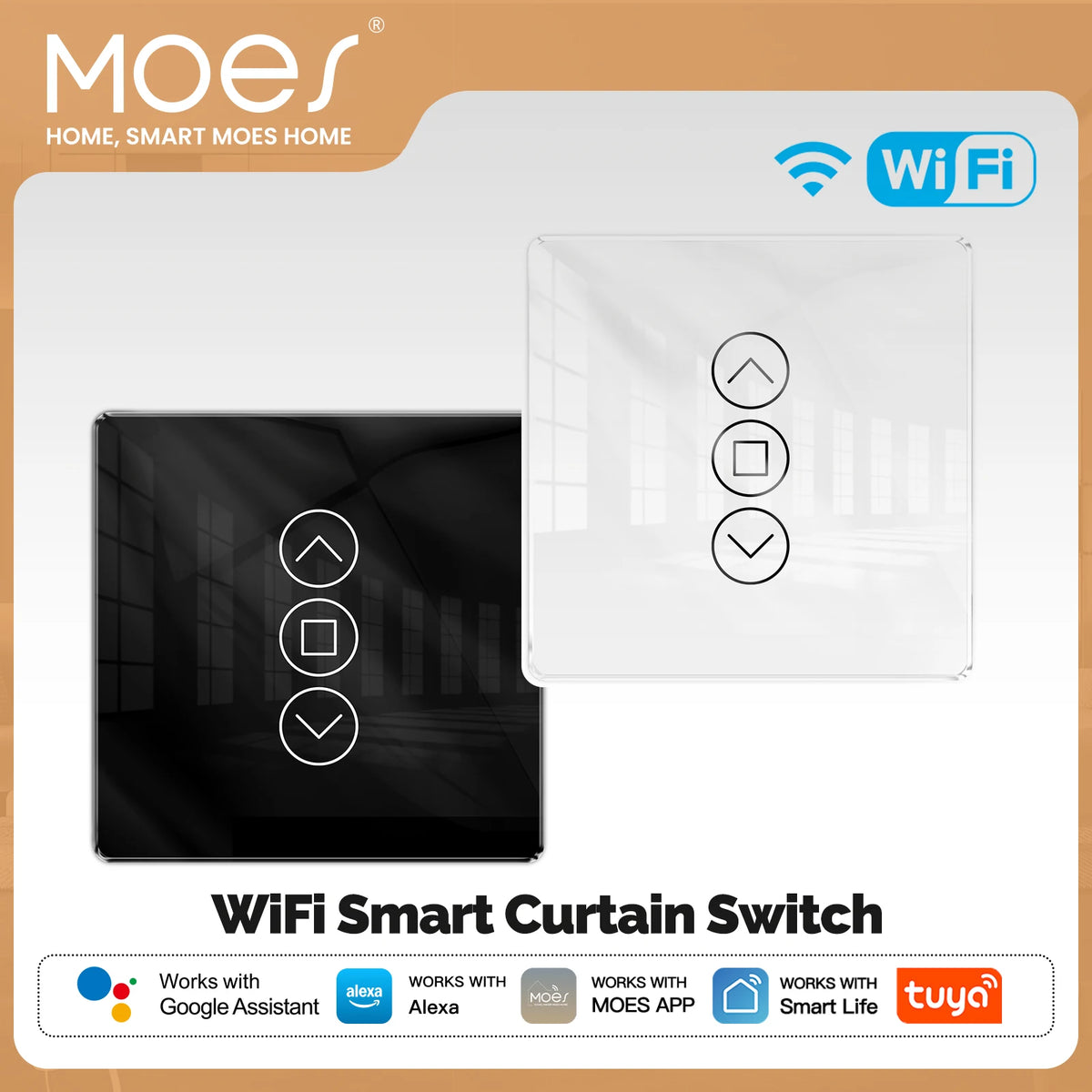 commutateur intelligent rideau controle tactile noir blanc application smartphone flèches haut bas arrêt moderne