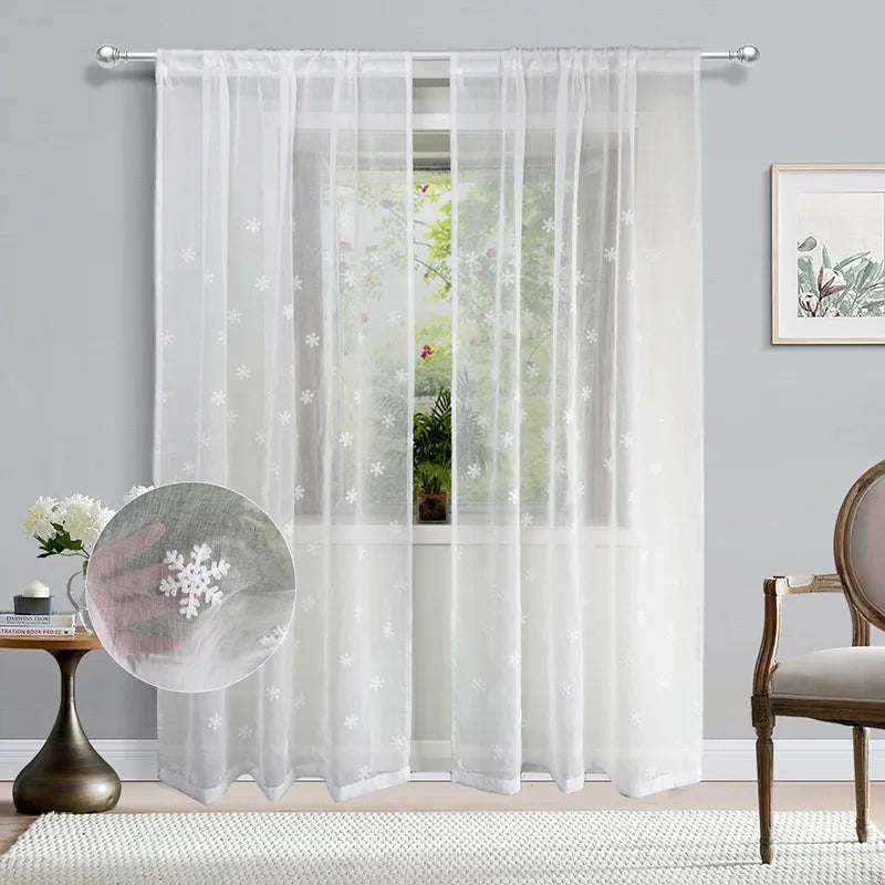 rideau blanc brodé flocons neige transparent moderne maison chambre salon