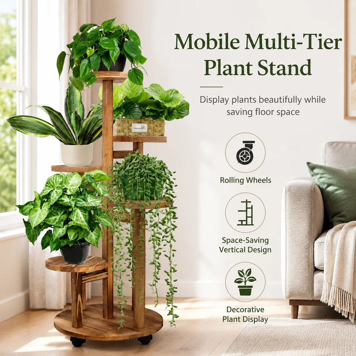 support plantes multi niveaux mobile bois naturel moderne roulettes pot vert ambiance naturelle organisation