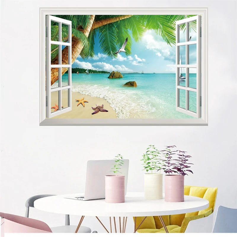Autocollant mural fausse fenêtre avec oiseaux marins