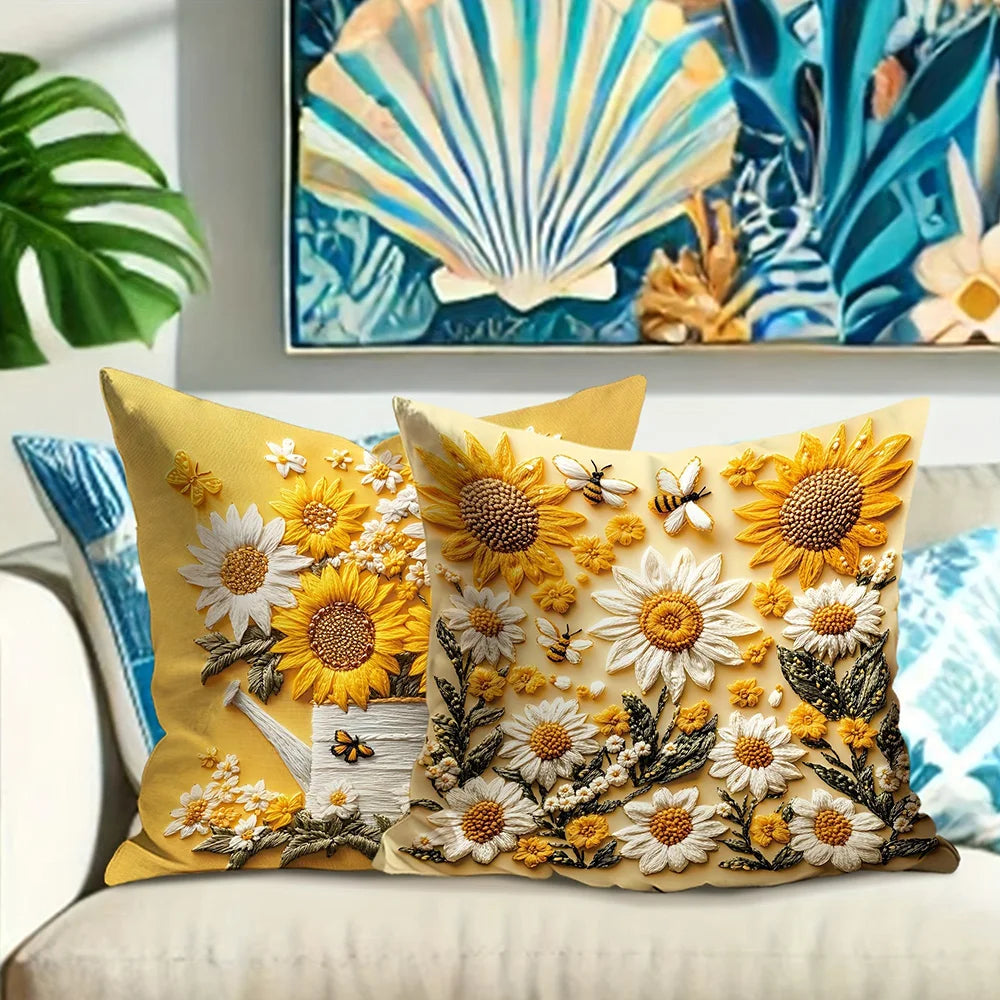 taies d'oreiller décoratives imprimées fleurs tournesols marguerites papillons polyester peachskin 40x40cm 45x45cm 50x50cm 60x60cm