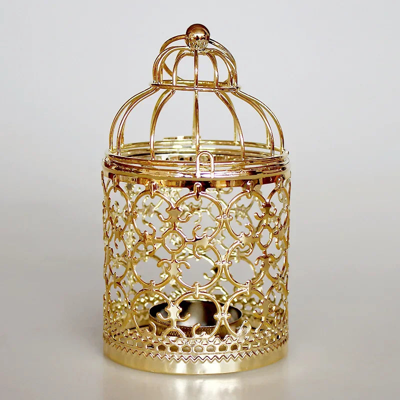 cage oiseaux ornements floraux ajourée artisanale élégante anneaux suspendus décoration maison or argent noir