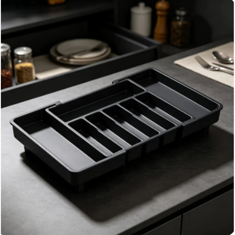 organisateur tiroir noir extensible huit compartiments rangement vaisselle cuisine plastique moderne fonctionnel