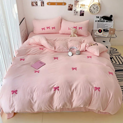 Ensemble housse de couette douce rose noeud papillon fille