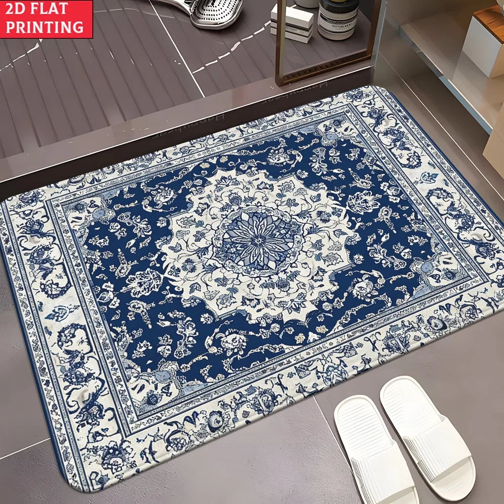 tapis entrée bleu marine rouge bordeaux ornements floraux motifs géométriques classique 40x60cm 50x80cm résistant
