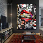tableau pop art lèvres rouges étoile graffiti abstrait décoration mur rouge noir blanc vertical