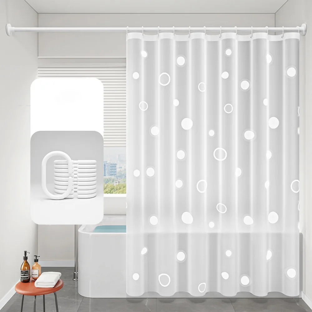 rideau douche blanc moderne cercles étoiles lunes flocons neige translucide anneaux sans perçage